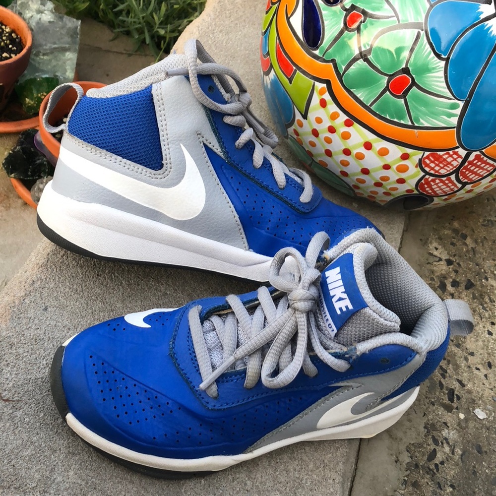 Child Blue and Gray NIKE Team Hustle D7 sneakers.